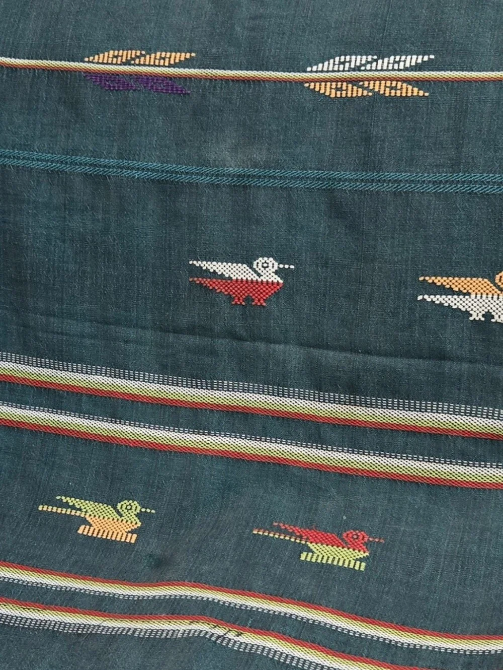 Guatemalan Teal Green Woven Tablecloth Quetzal Birds Colorful Stripes Southwest